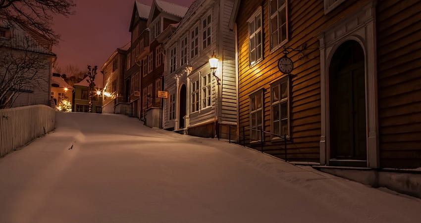 Winter Night, night, winter, snowy, houses, snow, road, nature, sky, winter time HD wallpaper