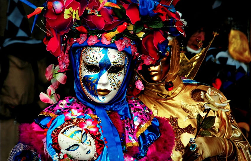 Carnaval de Venise, bleu, doré, rose, rose, Venise, masque, carnaval, couple Fond d'écran HD