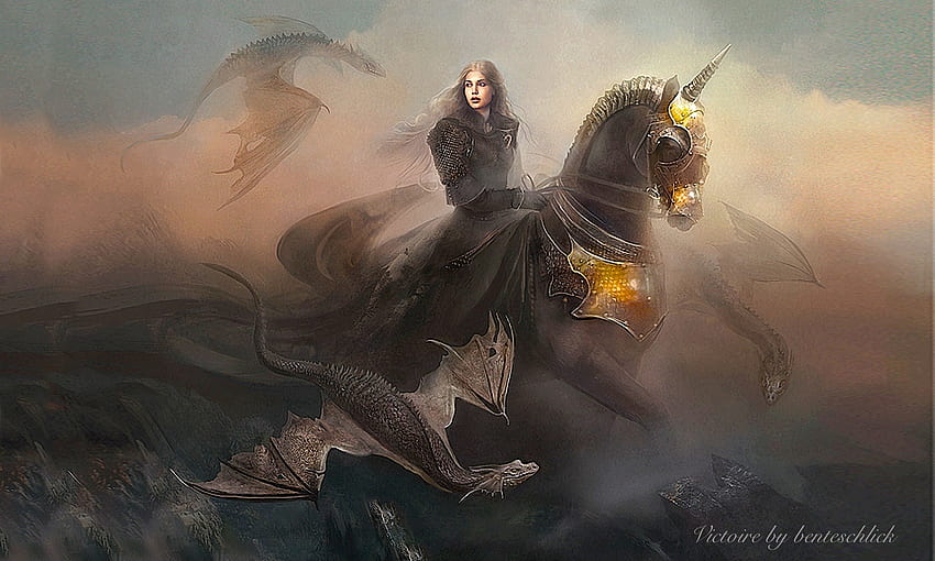 Victoire, warrior, female, Fantasy, brown, Horse, dragons HD wallpaper