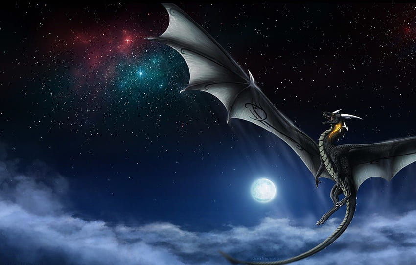the sky, stars, clouds, flight, night, fiction, the moon, dragon, wings, tail for , section фантастика HD wallpaper