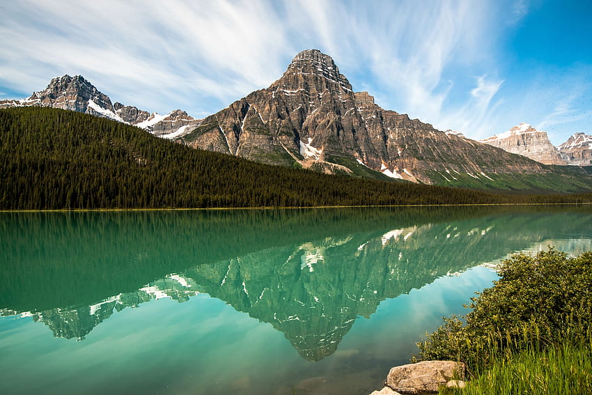 Waterfowl Lakes with Mount Chephren, mountains, reflection, lake, park HD wallpaper