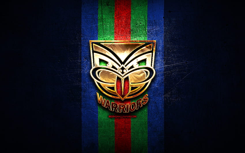 New Zealand Warriors, logo doré, National Rugby League, fond bleu métal, club de rugby australien, logo New Zealand Warriors, rugby, NRL Fond d'écran HD