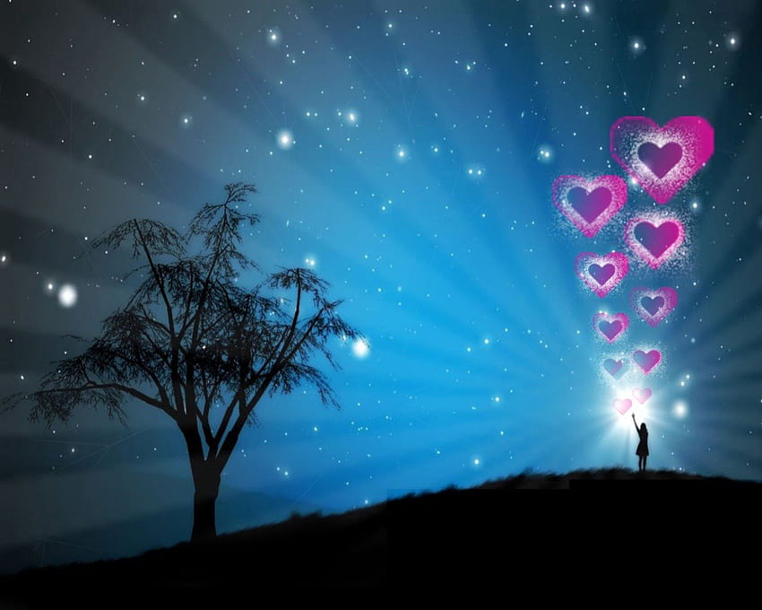 silhouette and hearts, hearts, sky, love, tree HD wallpaper