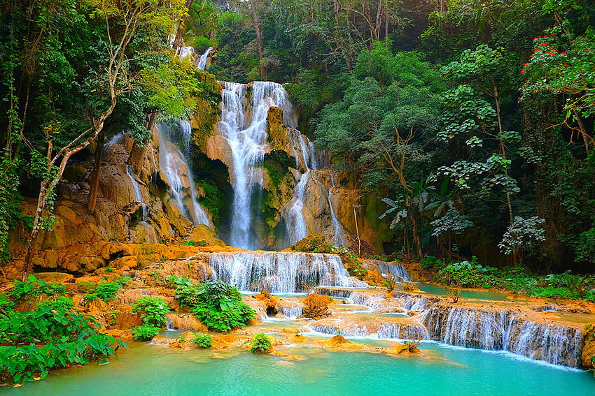 Kuang Si Waterfall, Laos, trees, laos, waterfall, nature HD wallpaper