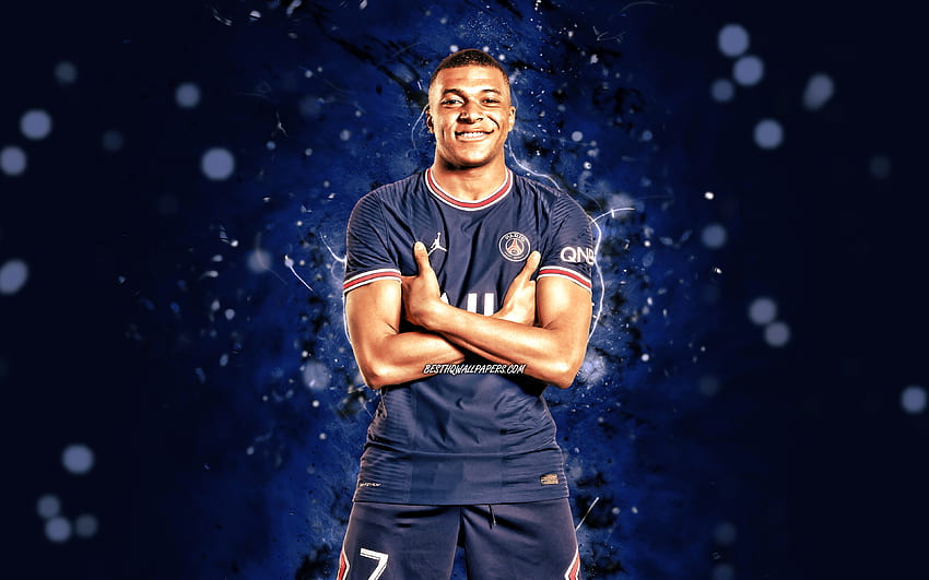 Kylian Mbappe, 2021, Paris Saint-Germain, Fransız futbolcular, mavi neon ışıklar, PSG, futbol, ​​1 Ligue, Kylian Mbappe PSG, Kylian Mbappe HD duvar kağıdı