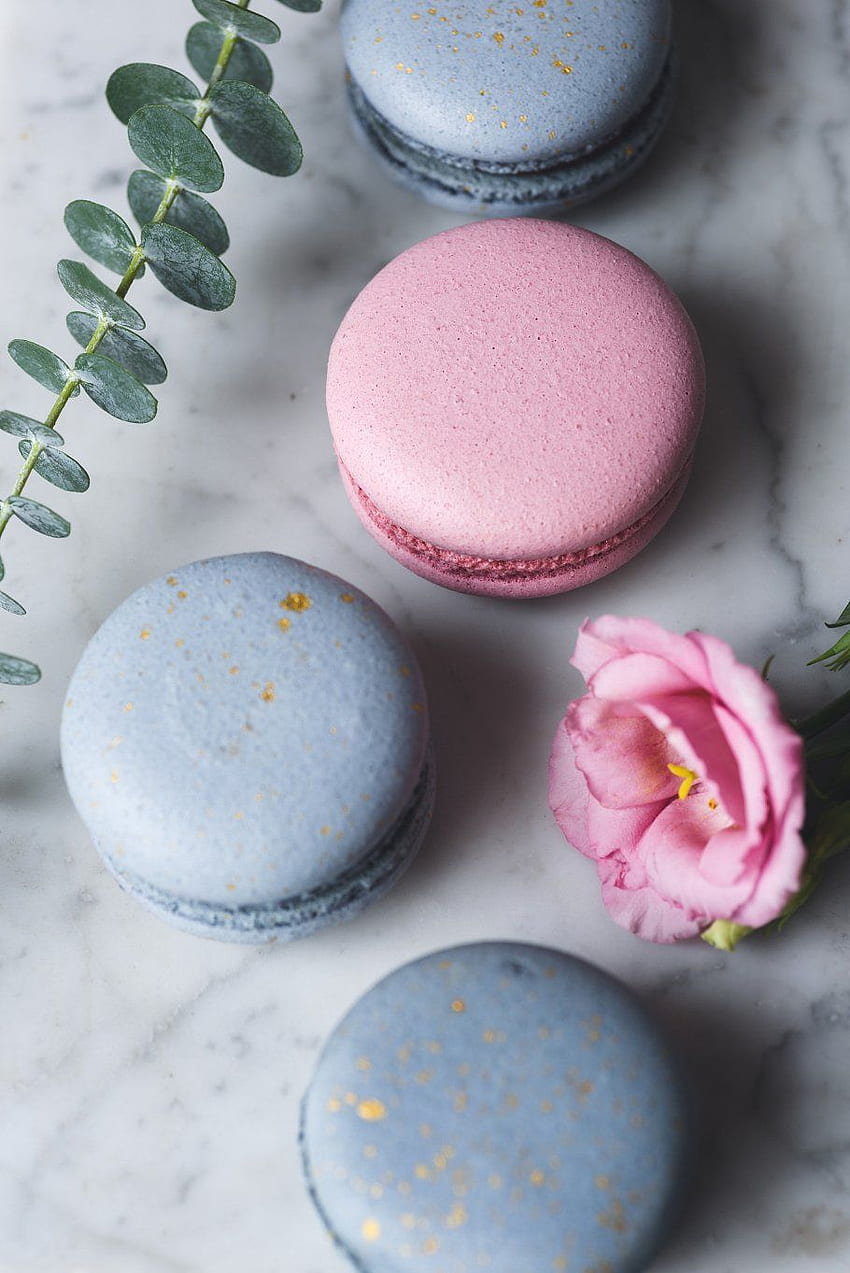 Pastel macaroons or macarons and flowers on marble. Pastel macaroons