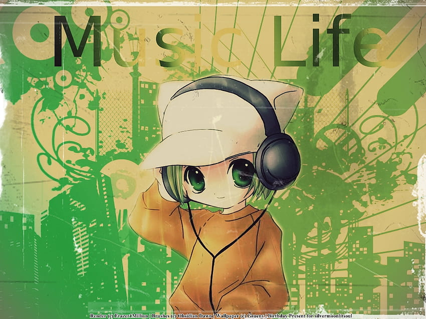 Music Life, di gi charat, chibi, 음악, 애니메이션, 녹색, 귀여운, 소녀 HD 월페이퍼