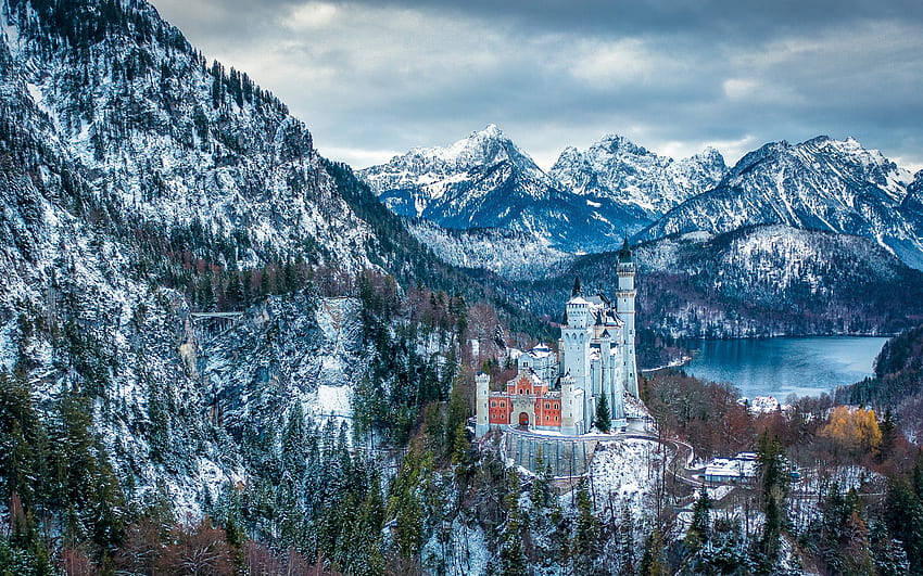 Château de Neuschwanstein, Schwansee, hiver, paysage de montagne, Alpes bavaroises, palais, Schwangau, Bavière, Allemagne pour avec résolution . Haute qualité Fond d'écran HD