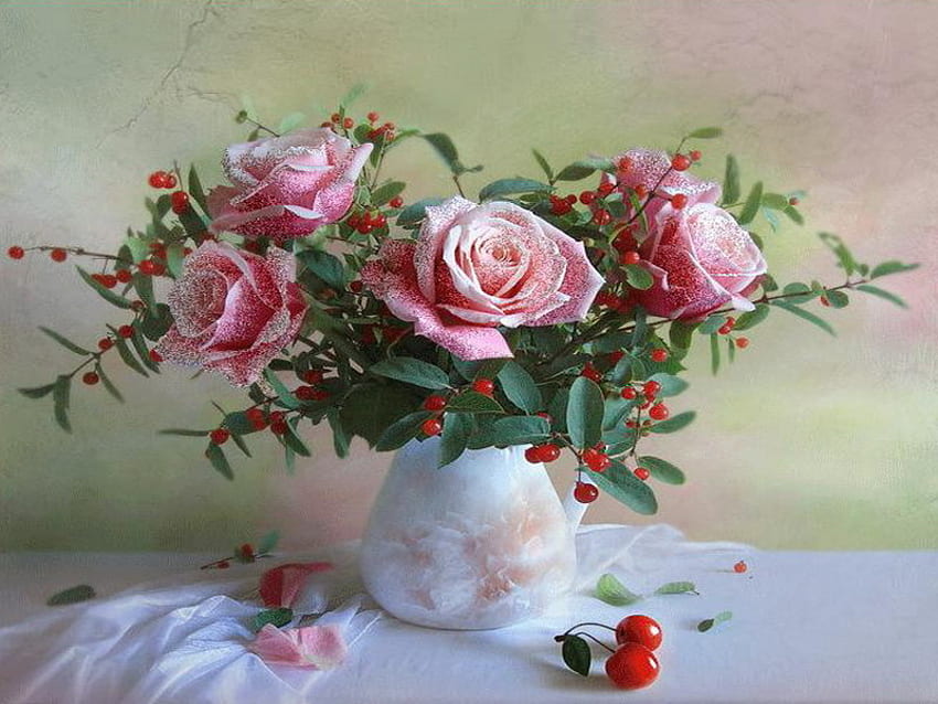 silky, pink, roses, red, vase, fruit HD wallpaper