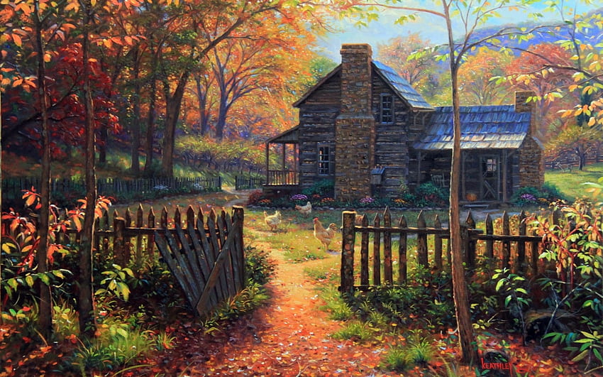 Есенна къща, ограда, къща, листа, есен HD тапет