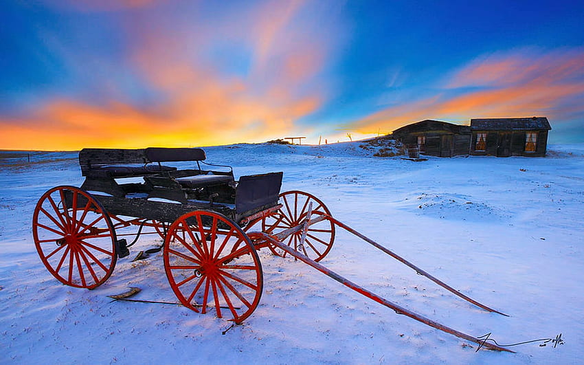 One Horsepower - South Dakota, snow, clouds, colors, landscape, sky, usa, cart, sunset, cabin HD wallpaper