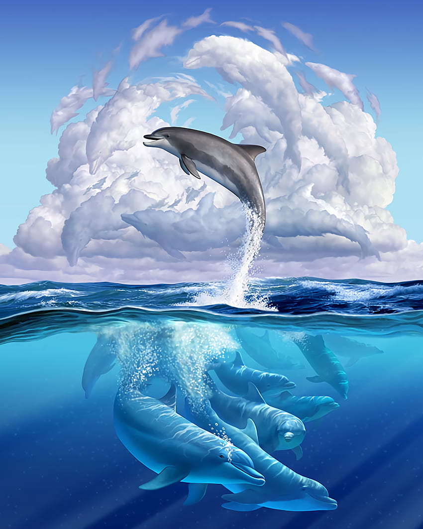 Gracioso, Arte, Mundo Submarino, Delfín fondo de pantalla del teléfono