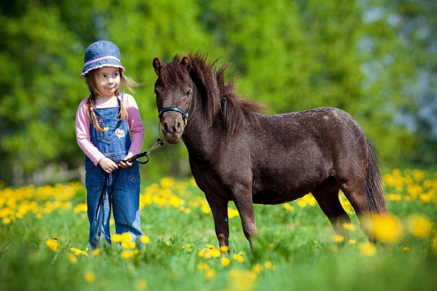 Cute Little Cowgirl, horse, field, trees, kid, flowers, girl, hat, child HD wallpaper