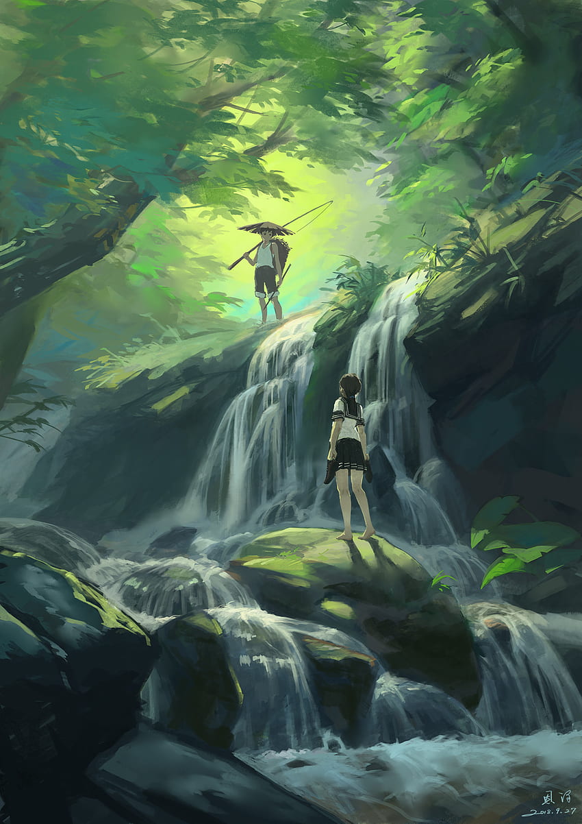 Art, Waterfall, Forest, Girl, Guy, Jungle HD phone wallpaper