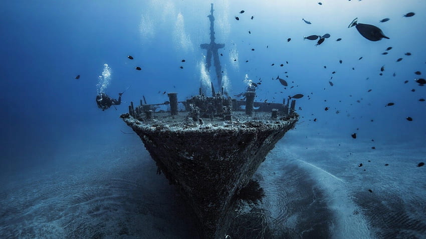 morze Wrak statku Woda Underwater Fish Divers Tapeta HD