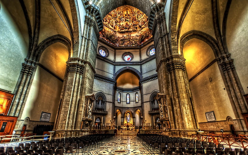 florence r'deki basilica di santa maria del fiore'nin içi, sandalyeler, sütunlar, tavan, r, kilise HD duvar kağıdı