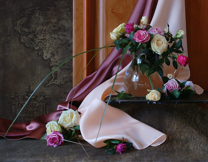 still life, graphy, roses, beautiful, silk, elegant, flowers, card, flower bouquet, pot HD wallpaper
