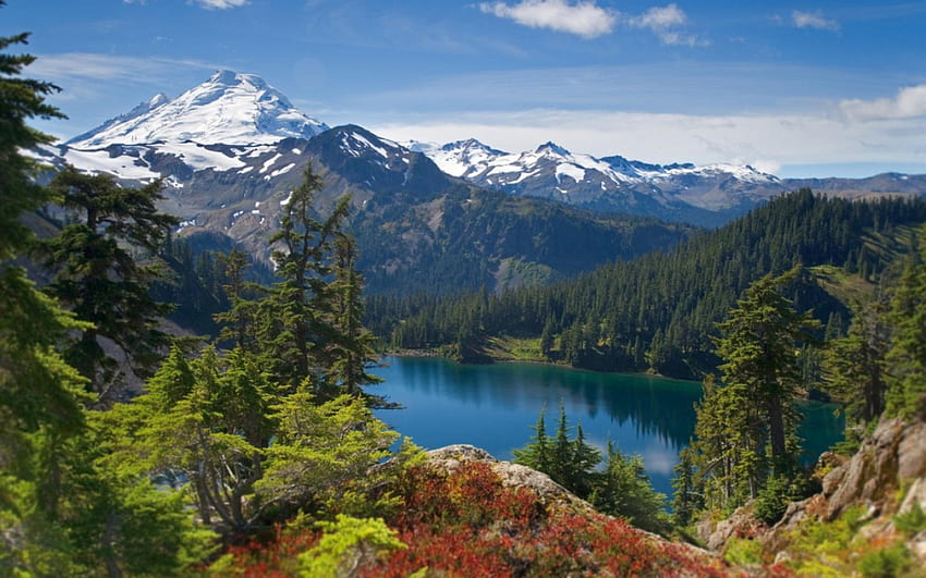 Mountain Lake, niebieski, skały, góra, jezioro, światło dzienne, dzień, śnieg, chmury, drzewa, natura, kwiaty, niebo, woda, las Tapeta HD