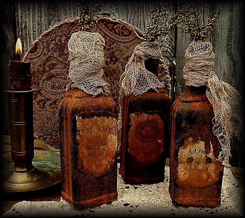 Witch Bottles~, magic, bottles, potions, herbs, witch HD wallpaper