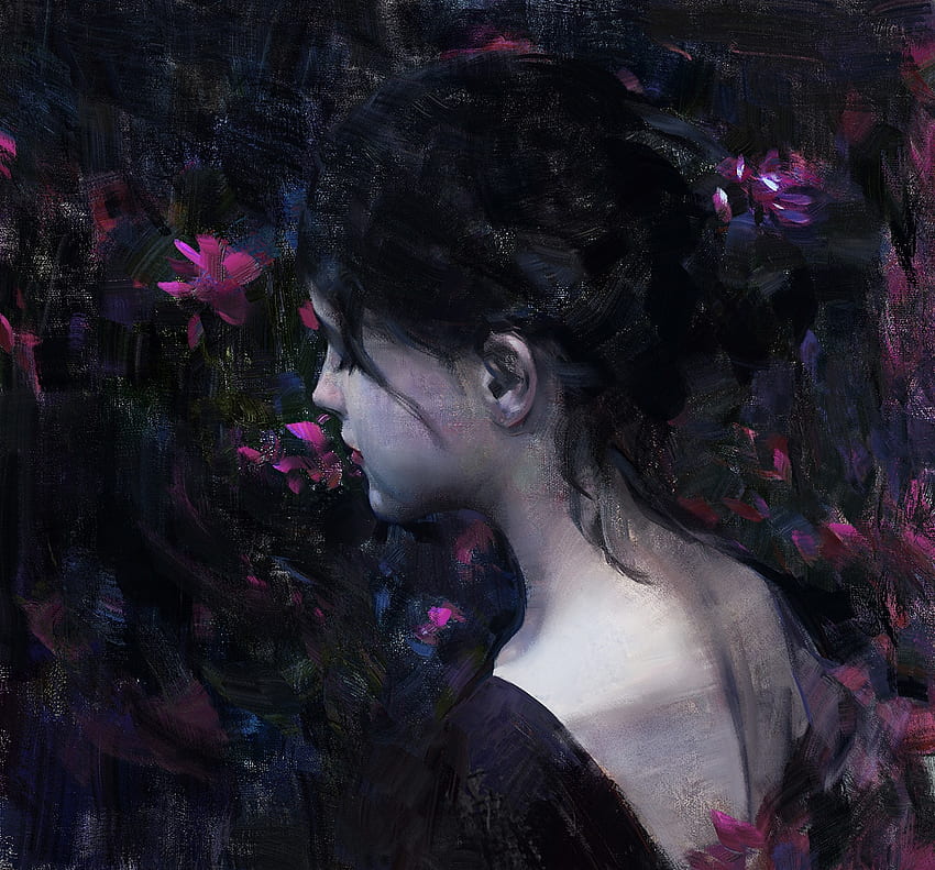 Girl, purple, yizheng ke, pink, black, fantasy, art, flower HD wallpaper