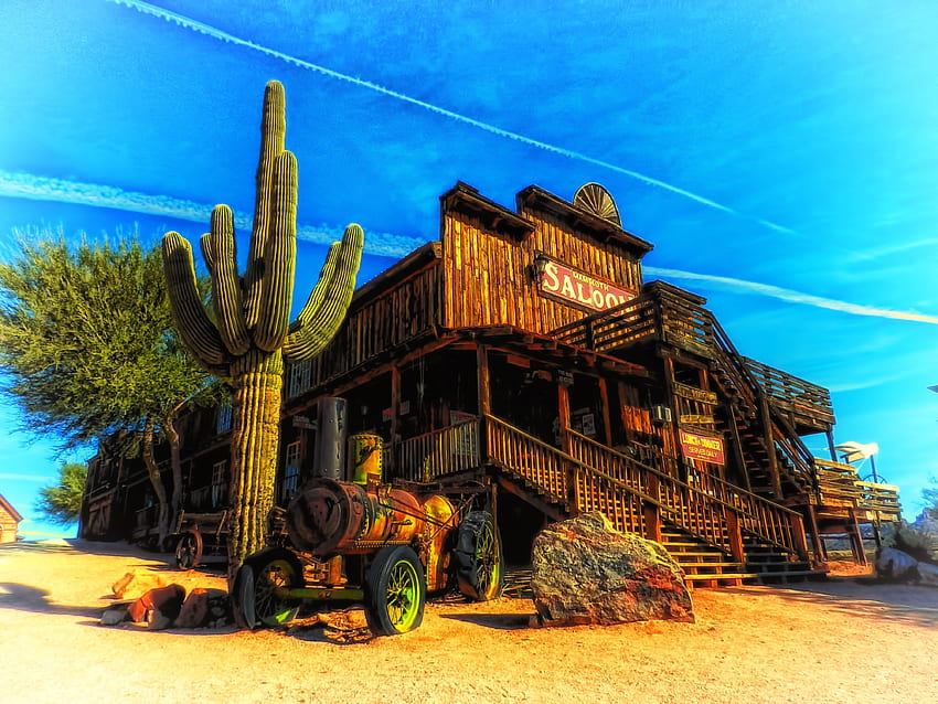 Arizona saloon cactus landscape western r f, Western Art HD wallpaper