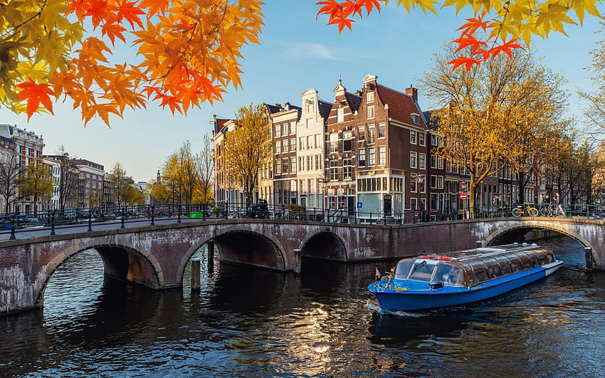 Autunno ad Amsterdam, case, Amsterdam, barca, canale, ponte, autunno, Paesi Bassi Sfondo HD