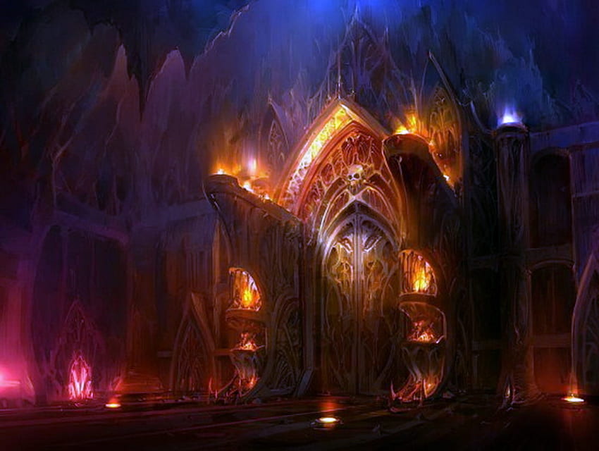 Enter if you dare, darkness, flames, skull, torches, castle, haunting looking, door blue night HD wallpaper