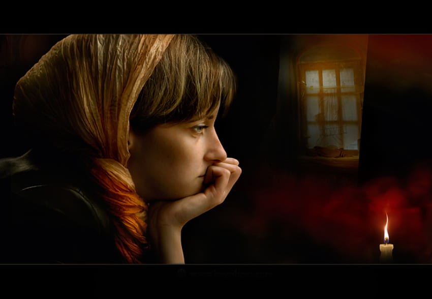 Candle and loneliness, candle, light, red, woman, loneliness HD wallpaper