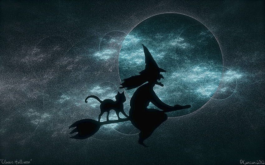 bruxa, gato, silhueta, noite, azul, preto, halloween, pisici, lua, fantasia, luminos papel de parede HD