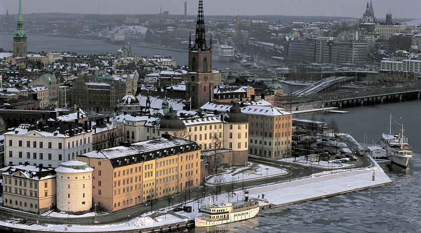스톡홀름 스웨덴의 겨울, 겨울, 강, 도시, 눈 HD 월페이퍼