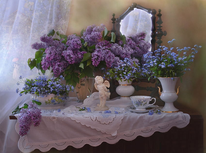 Spring lilac, Still life, Lilac, Spring, Forget-me-nots HD wallpaper