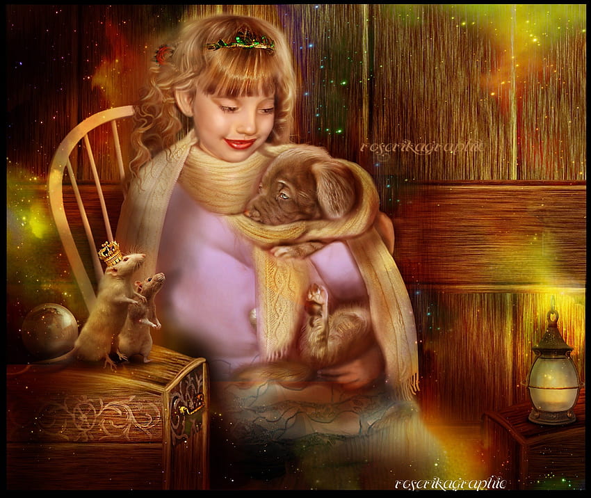 ✫Tender Mercy✫, softness, dog, mercy, chair, tenderness, beloved valentines, glow, lamp, beautiful girls, digital art, crown, animals, bright, adorable, female, rats, attractions in dreams, beautiful, people, mouse, fantasy, pretty, love, manipulation, models, girls, lantern, scarf, lovely, child HD wallpaper