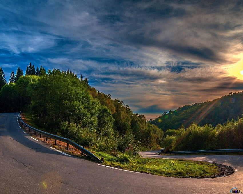 Winding road, road, sun, tree, mountain HD wallpaper