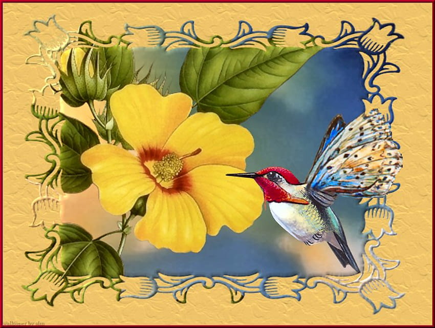 Koliber, który skradł moje serce, koliber, żółty kwiat, żółte tło, maska Tapeta HD