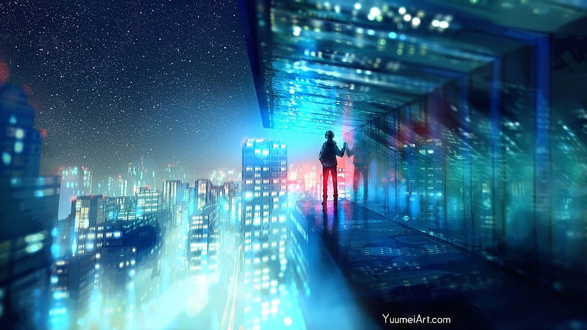Anime City, Night, Buildings, Cityscape, Boy - Yuumei Art -, Anime City Lights HD-Hintergrundbild