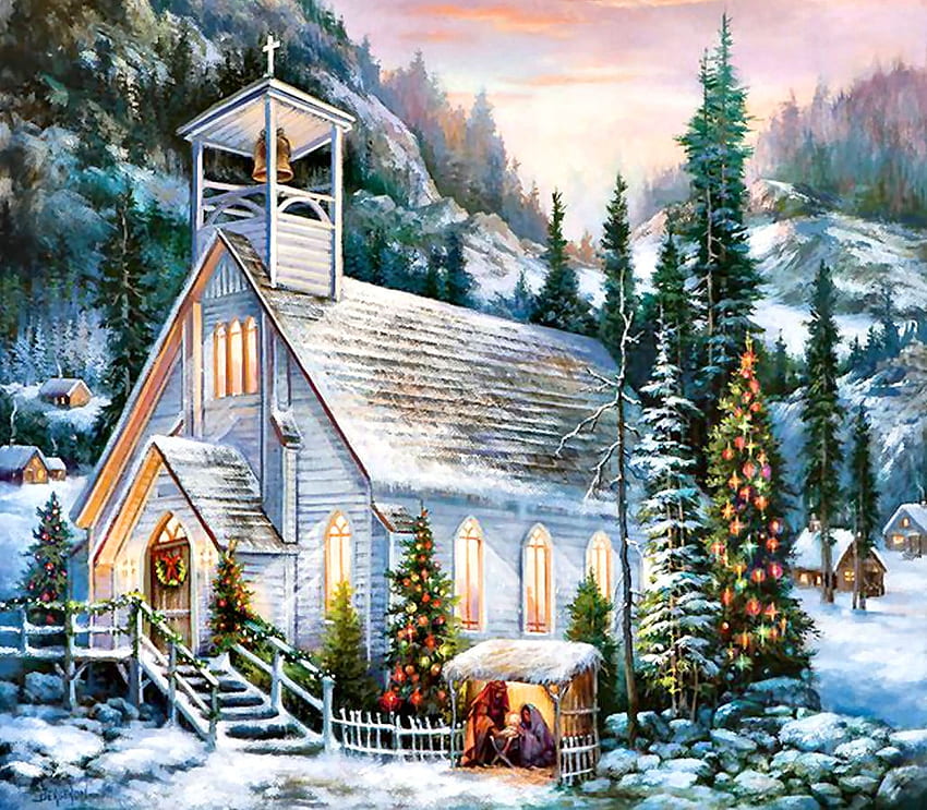 Yuletide Celebration FC, winter, December, chapel, art, beautiful, illustration, church, artwork, scenery, occasion, holiday, painting, Christmas, snow HD wallpaper