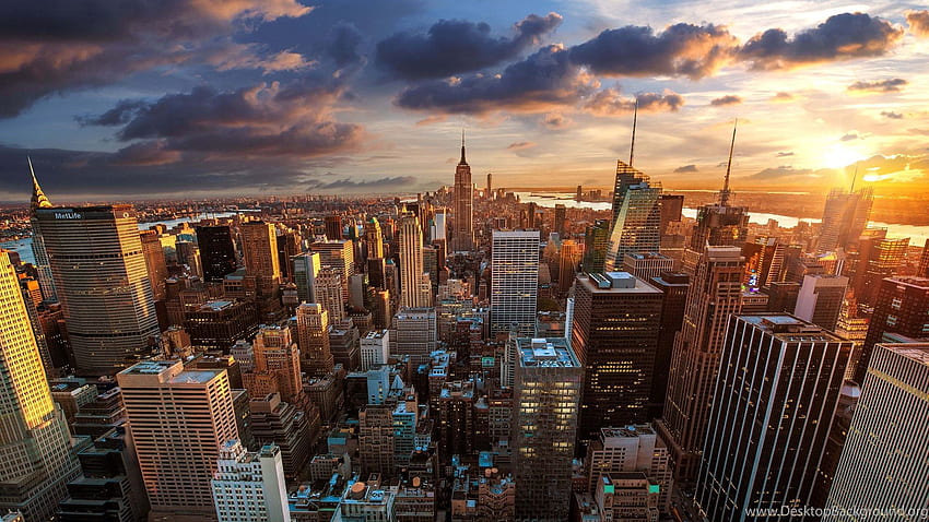 เส้นขอบฟ้าของเมืองนิวยอร์คตอนพระอาทิตย์ตกเป็นเวลา 3840 พื้นหลังเมืองนิวยอร์คหน้าจอคู่ วอลล์เปเปอร์ HD
