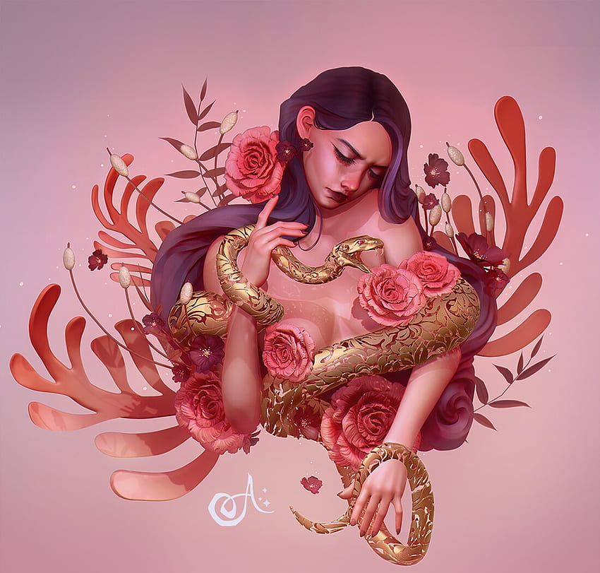 Embrace, rose, pink, golden snake, fantasy, stacey socialmedia, flower, girl HD wallpaper