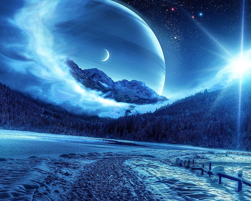 Winter, Nacht, Berge, Straße, Planet, fantastische Landschaft Standard 5:4 Hintergrund HD-Hintergrundbild
