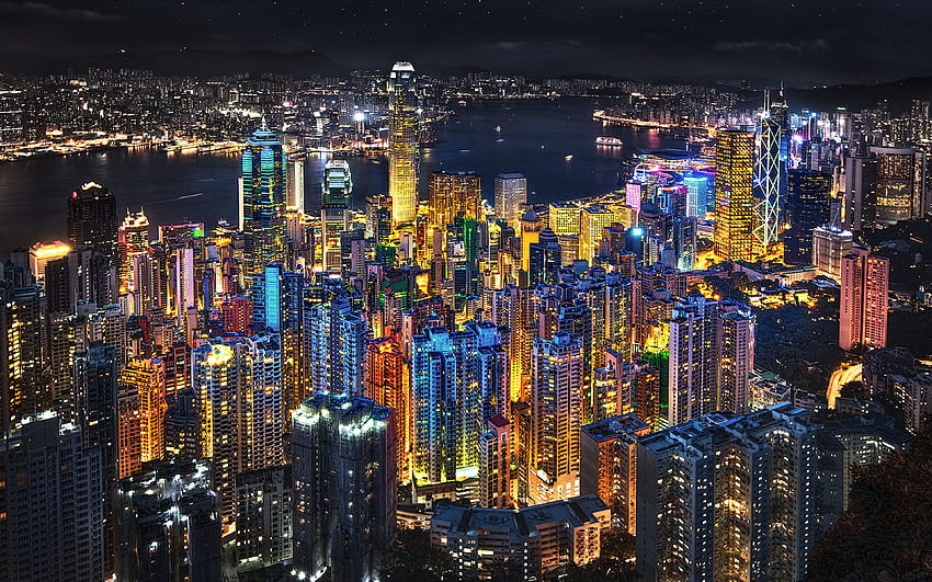 夜景の香港 高層ビルからの夜景 英国の頂上から 香港の携帯電話。 香港, 見どころ, 街の美学, 香港の夜のスカイライン 高画質の壁紙