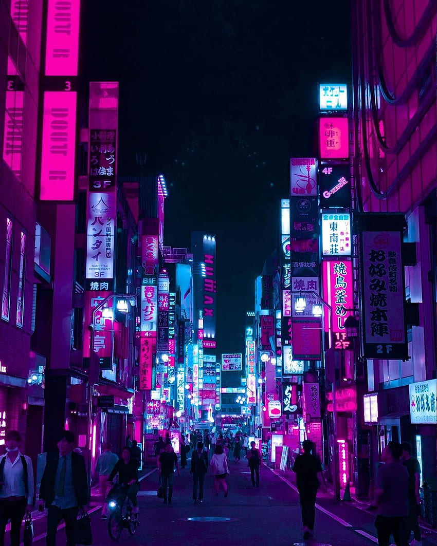 City life in tokyo asia pink and blue lights middle of the street. City ...