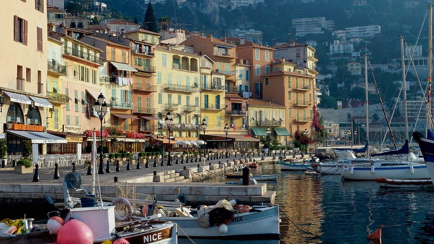 morning on waterfront in nice france, city, boats, cafes, marina, waterfront HD wallpaper