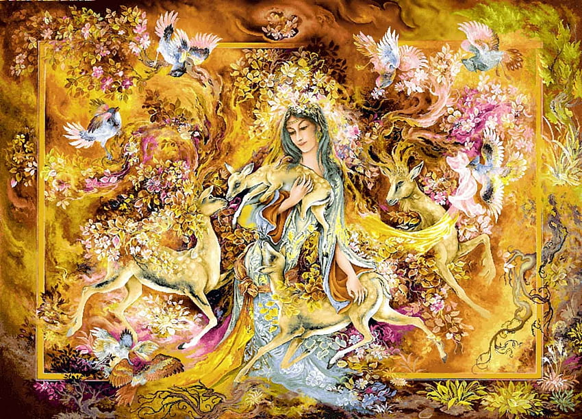 Artemis, diana, fantasy, art, deer, yellow, abolfazl mirzabeygi, goddess HD wallpaper