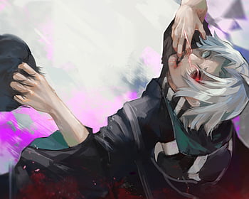 Anime character from the anime tokyo ghoul takizawa seido in the form of a  ghoul with his quinke. purple eyes, purple highlights, cartoonishness, anime.  hight quality