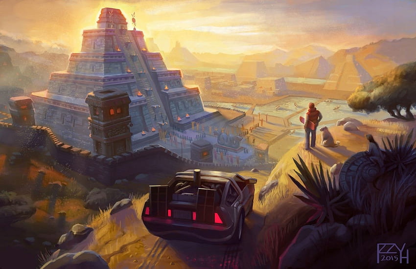 fantasy art, artwork, movies, Aztec, Back to the Future, DeLorean, pyramid, Maya civilization, mayan, Terrain, screenshot, computer , pc game HD wallpaper