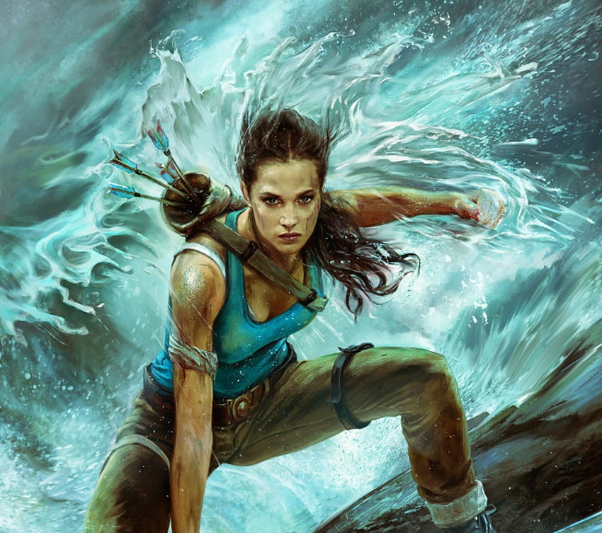 Lara Croft, blue, sea, art, inna vjuzhanina, tomb raider, girl, fantasy, luminos, water, innavjuzhanina, wave HD wallpaper