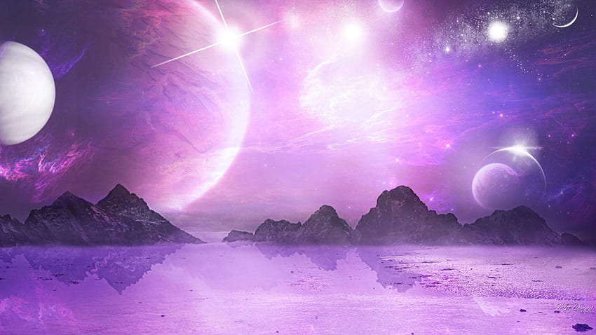 Purple Sky Space, purple, planets, moon, lavender, space, stars, mountains HD wallpaper