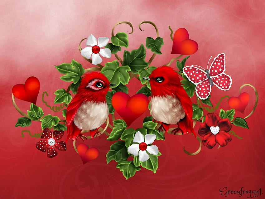 RED LOVE BIRDS, BIRDS, PRETTY, CREATION, RED HD wallpaper