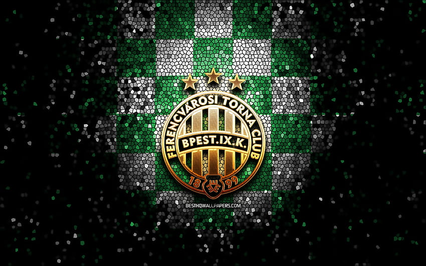 Ferencvaros FC, parıltılı logo, OTP Bank Liga, yeşil beyaz damalı arka plan, futbol, ​​Macar Futbol Kulübü, Ferencvaros FC logosu, mozaik sanatı, Ferencvaros TC, Macaristan HD duvar kağıdı