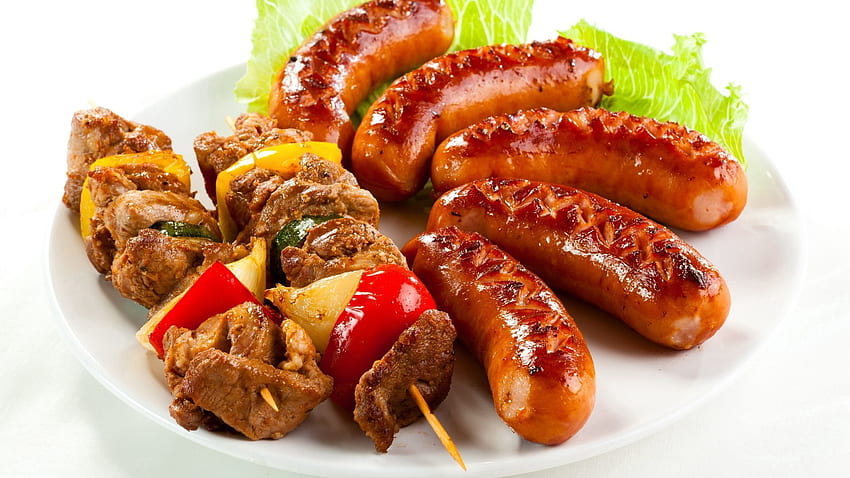 Food, Vegetables, Meat, Greens, Fried, Barbecue, Shashlik, Frankfurters, Sausages HD wallpaper